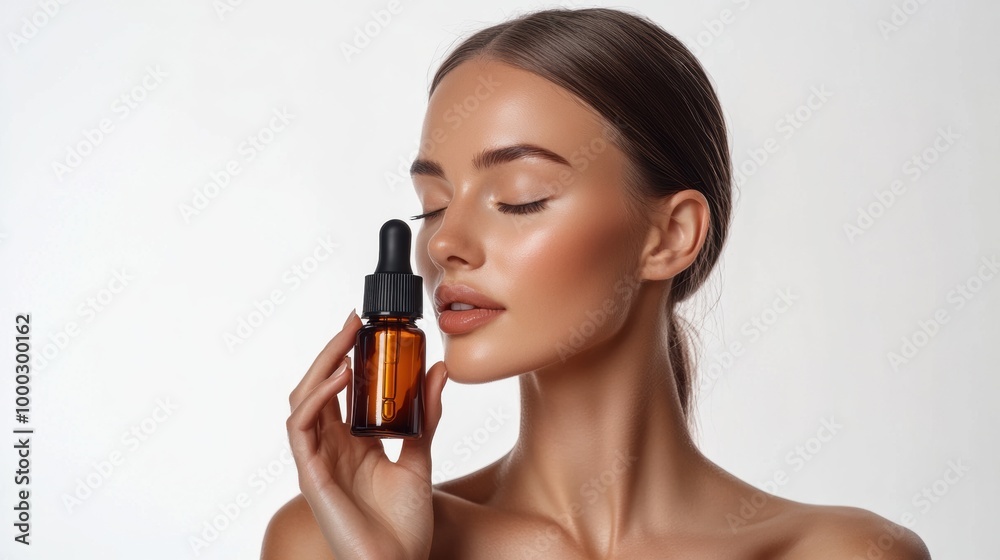 Model applying facial serum while showcasing skincare routine Model applying facial serum while showcasing skincare routine