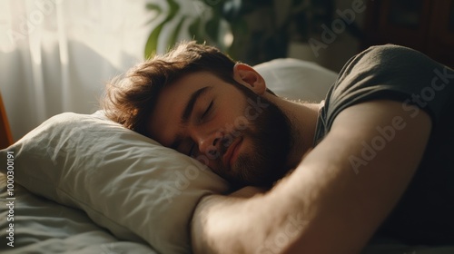 Young man sleeping peacefully in a cozy bedroom during morning light