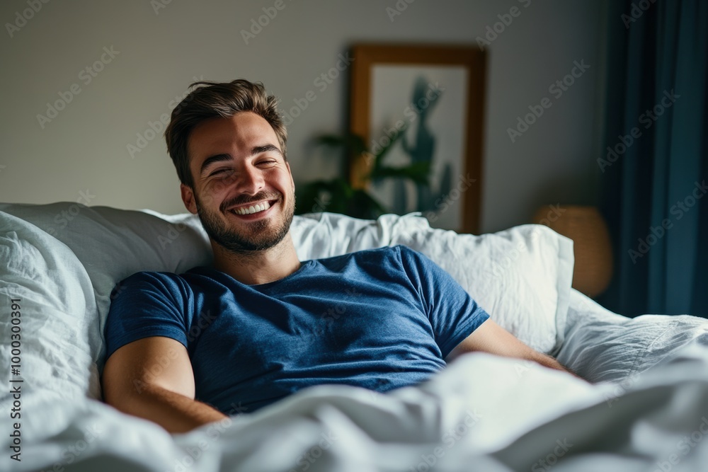 Man relaxing in bed with a smile during a cozy morning at home Man relaxing in bed with a smile during a cozy morning at home