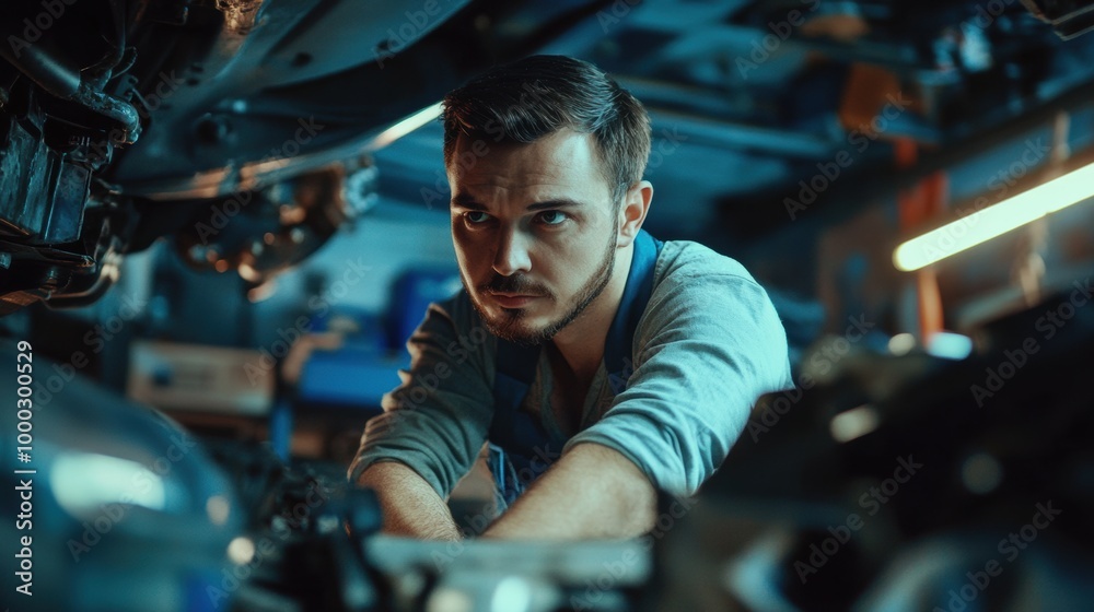 Young mechanic working on a car engine in a well-lit garage