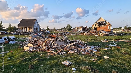 Tornado aftermath with damaged homes, overturned vehicles, and debris scattered across a field