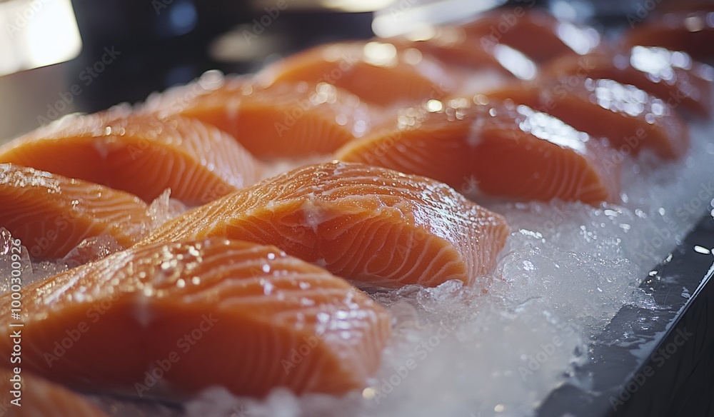Fresh salmon fillets displayed on ice at a seafood market stall Fresh salmon fillets displayed on ice at a seafood market stall