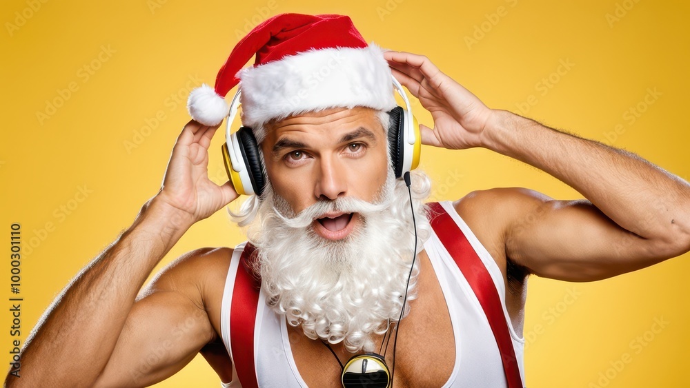Obraz premium A festive man in a Santa hat and headphones, celebrating the holiday season.