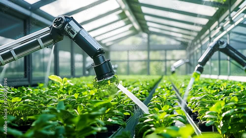 In a modern, glass-roofed greenhouse, robotic arms intricately tend to lush rows of green plants. The sunlight filters through, highlighting the advanced technology in sustainable agriculture. In a modern, glass-roofed greenhouse, robotic arms intricately tend to lush rows of green plants. The sunlight filters through, highlighting the advanced technology in sustainable agriculture.