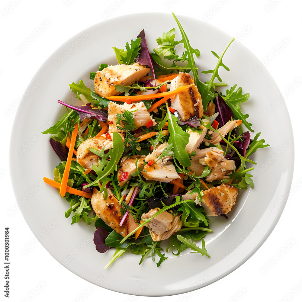 Fresh grilled chicken salad with mixed greens, carrots, and herbs served on a white plate, offering a healthy and colorful meal option Fresh grilled chicken salad with mixed greens, carrots, and herbs served on a white plate, offering a healthy and colorful meal option
