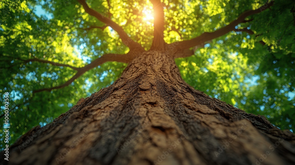 Naklejka premium Looking up at a tree trunk with the sun shining through the leaves