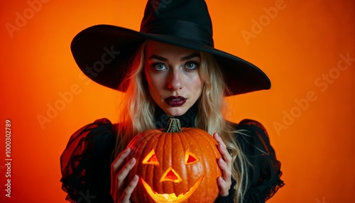 Young Caucasian Woman in Witch's Hat with Carved Pumpkin for Halloween Decor and Celebrations