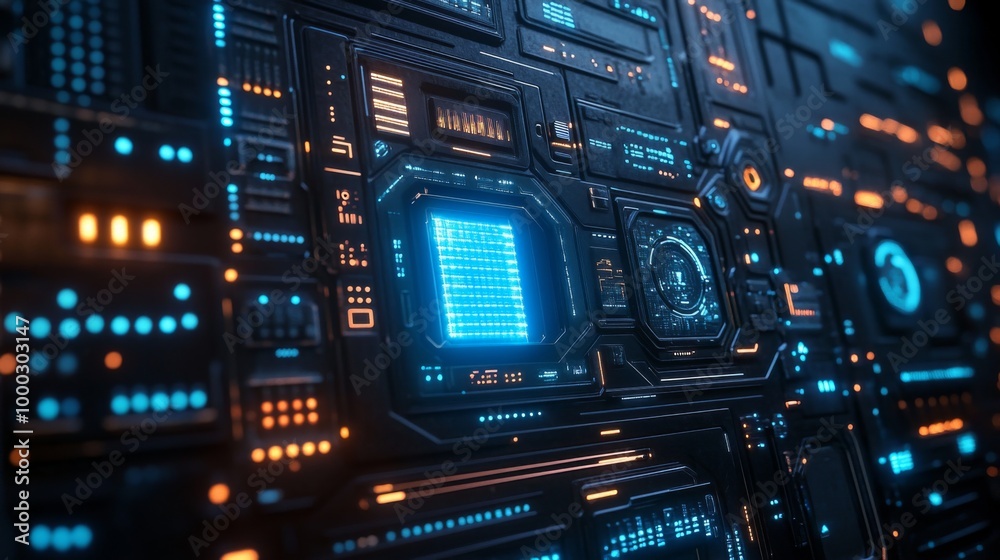 Futuristic Digital Interface with Blue and Orange Lights