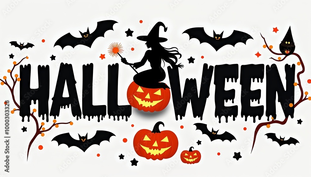 Halloween-Themed Illustration of a Witch Silhouette with Jack-O'-Lantern and Halloween Elements for Decorative Use Halloween-Themed Illustration of a Witch Silhouette with Jack-O'-Lantern and Halloween Elements for Decorative Use