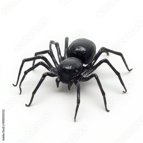 Black plastic spider for halloween decor on white background