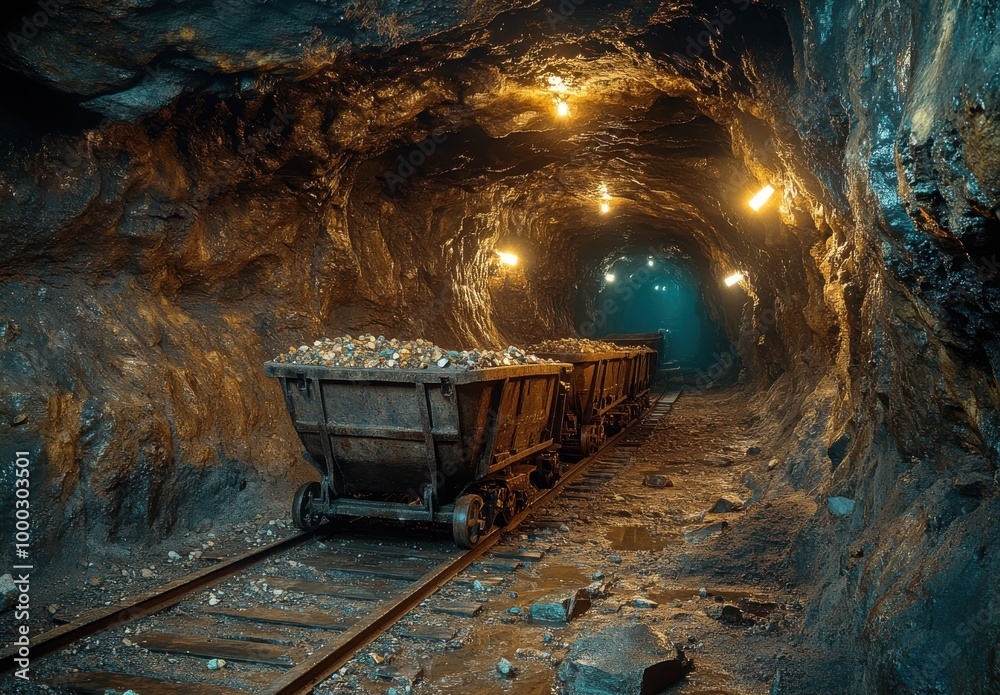Naklejka premium Exploring an old mining tunnel with metal carts and small gems embedded in the walls during the excavation process