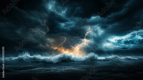 A violent thunderstorm at sea, where enormous waves crash against a ship, and lightning lights up the stormy sky