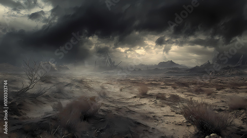 A dark and stormy day in the desert. Post-Apocalyptic Wasteland. Illustration