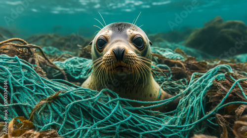 Seal entangled in fishing nets near rocky coastline on a cloudy day during low tide