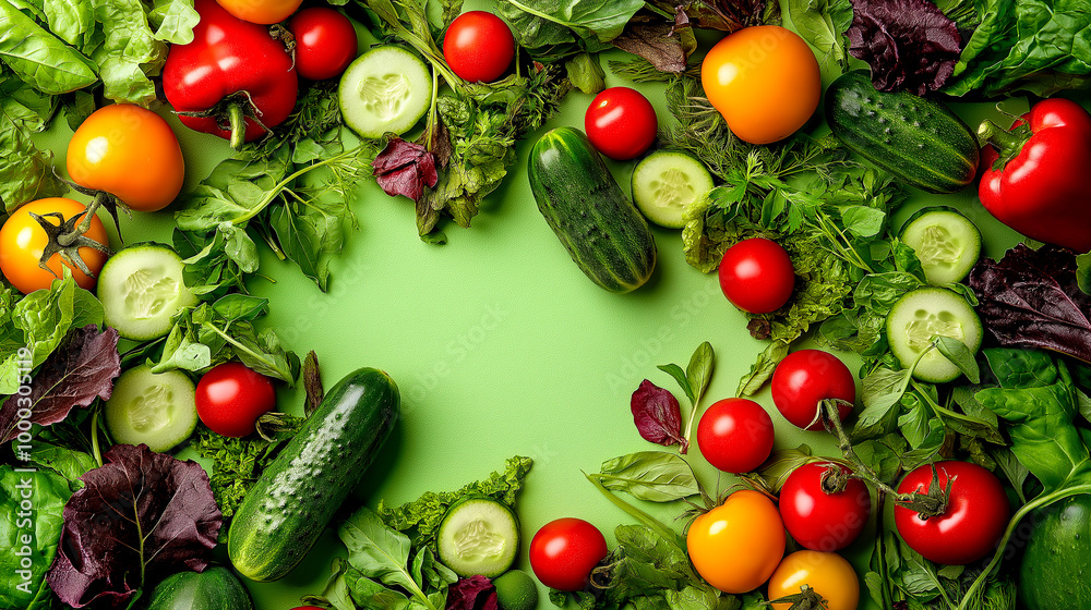 Colorful Medley of Fresh Vegetables Like Cherry Tomatoes, Cucumbers, Bell Peppers, and Leafy Greens on a Bright Green Background Colorful Medley of Fresh Vegetables Like Cherry Tomatoes, Cucumbers, Bell Peppers, and Leafy Greens on a Bright Green Background