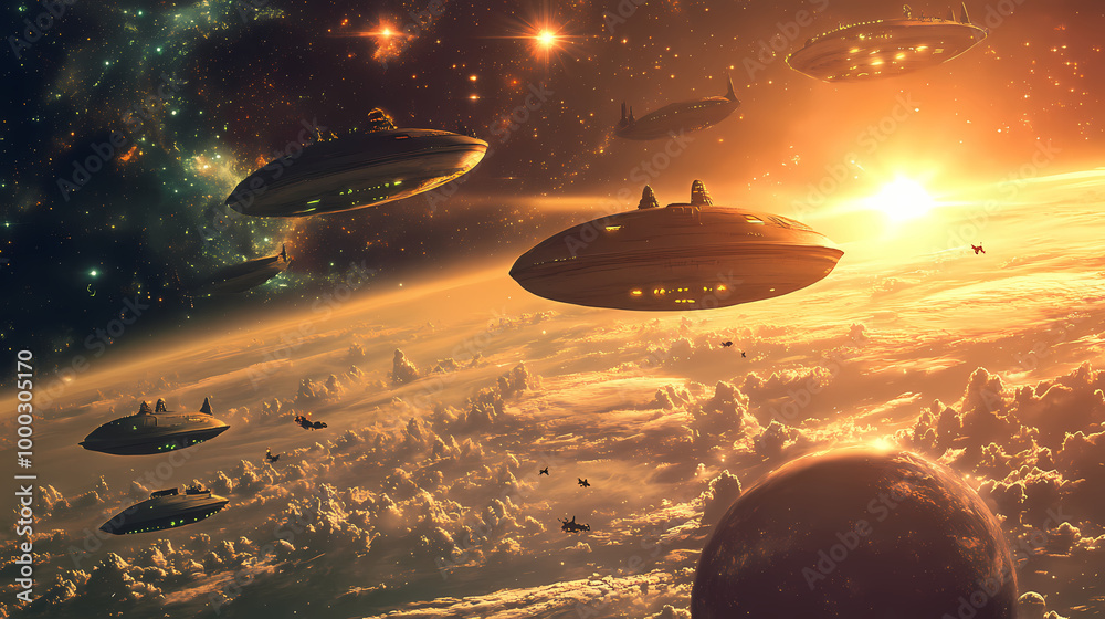A fleet of unidentified flying objects approaching a planet. Starship Fleet. Illustration A fleet of unidentified flying objects approaching a planet. Starship Fleet. Illustration