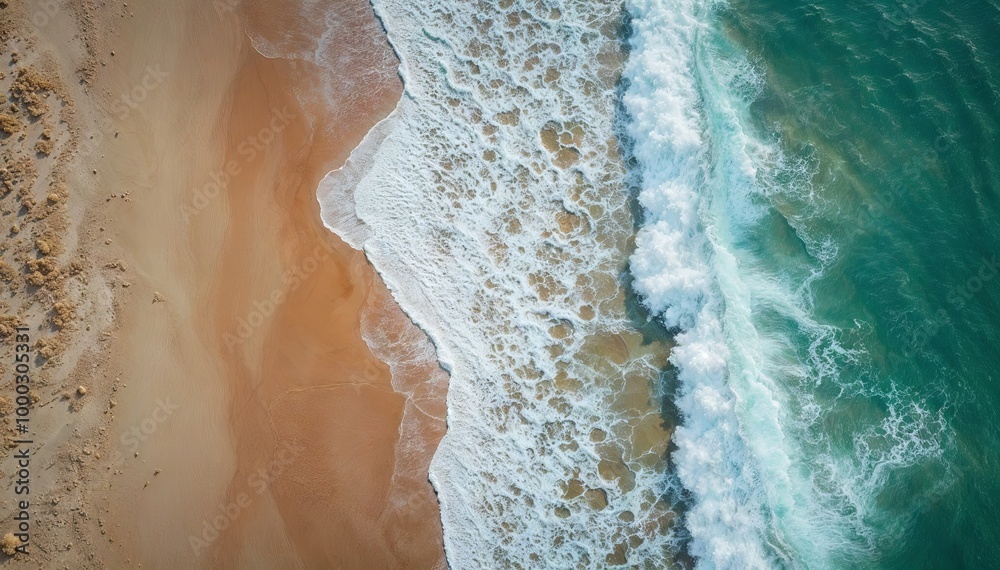 Close-up Aerial View of Sandy Beach with Textured Patterns and Waves for Travel and Nature Themes Close-up Aerial View of Sandy Beach with Textured Patterns and Waves for Travel and Nature Themes