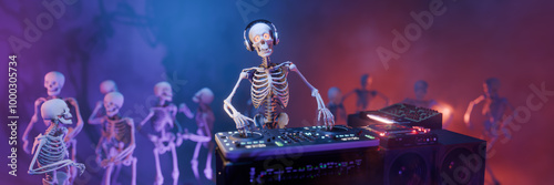 Haunted Halloween party: skeleton DJ at the mixing console surrounded by dancing spooky skeletons. Background for greeting cards, invitations, posters, holiday events, parties. 3D rendering.