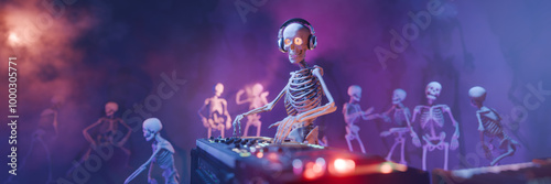 Haunted Halloween party: skeleton DJ at the mixing console surrounded by dancing spooky skeletons. Background for greeting cards, invitations, posters, holiday events, parties. 3D rendering. photo