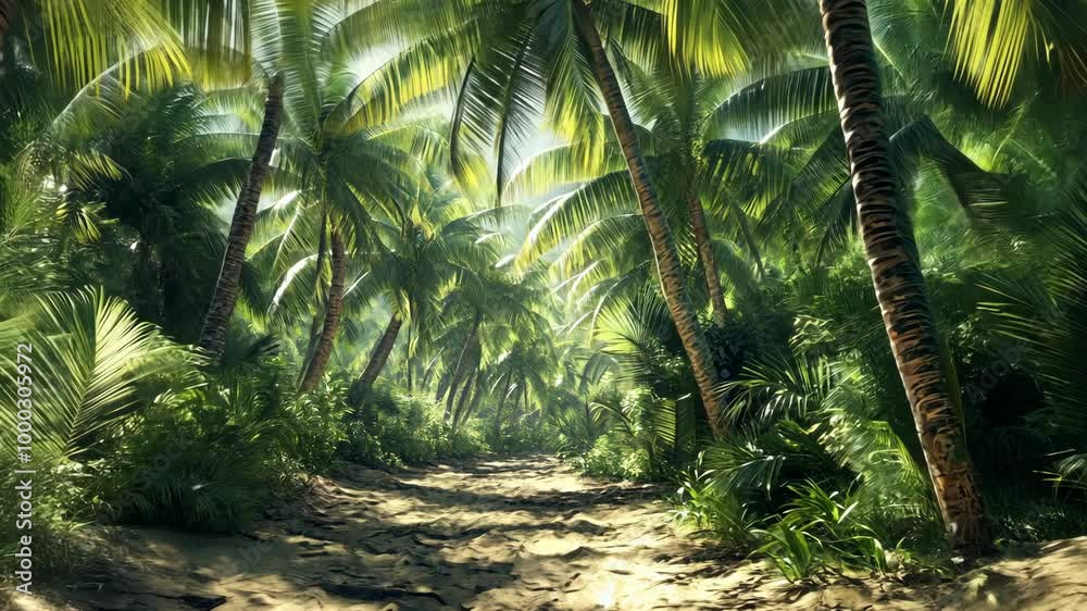 A dirt path winds through a lush tropical jungle, surrounded by tall palm trees and dense foliage A dirt path winds through a lush tropical jungle, surrounded by tall palm trees and dense foliage