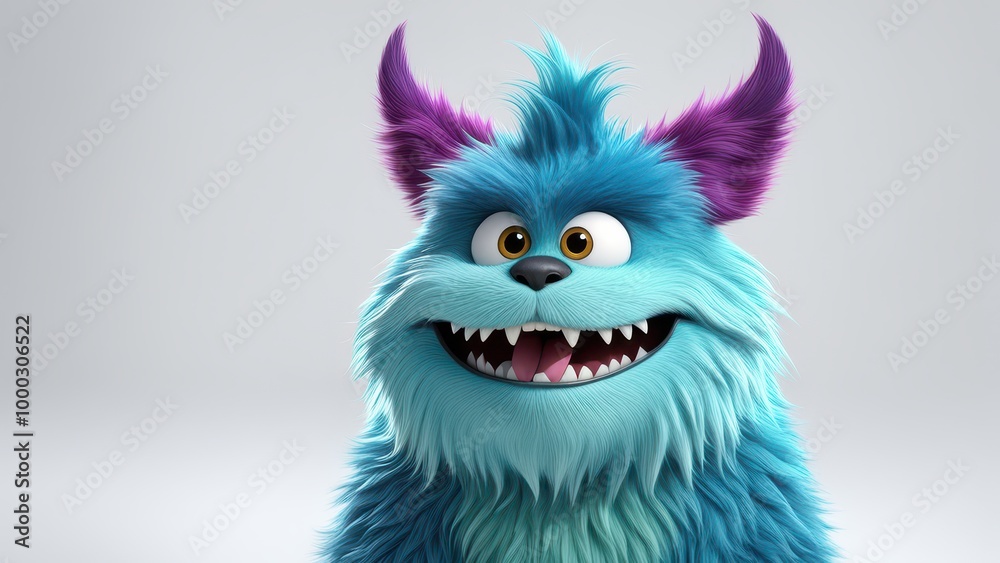 A friendly, colorful cartoon monster with a big smile and vibrant fur.