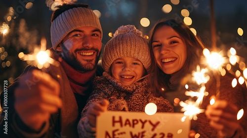 Family celebrating New Yearâ€™s Eve with sparklers and a Happy New Year 2025 sign photo