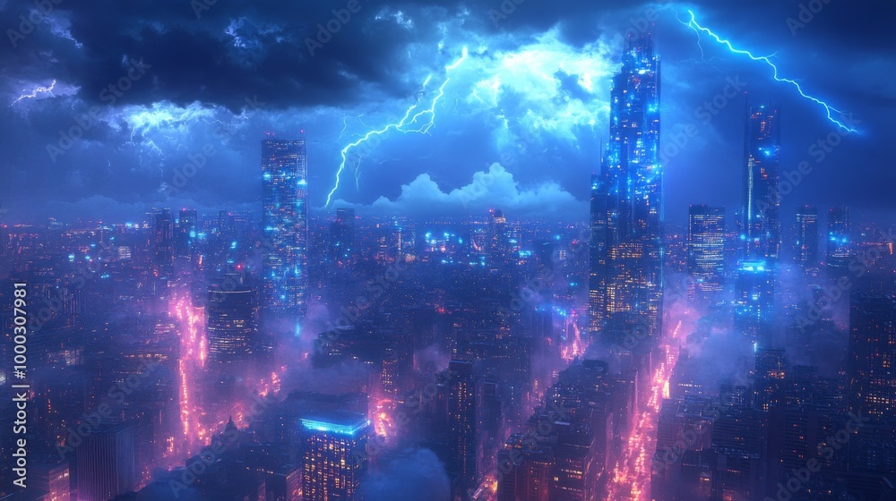 Futuristic Cyberpunk Cityscape with Lightning Futuristic Cyberpunk Cityscape with Lightning