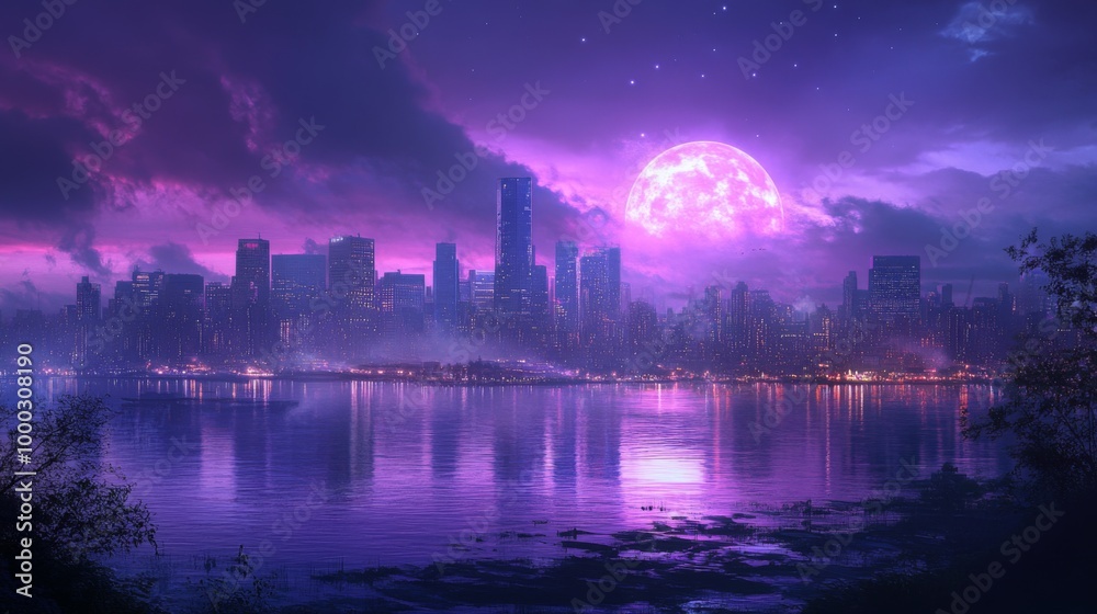 Fototapeta premium Purple Cityscape at Night