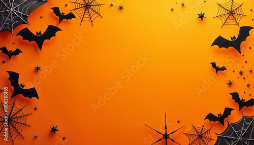 Spooky Halloween Background Featuring Black Spider Webs, Bats, and Stars on an Orange Gradient Backdrop Perfect for Seasonal Decorations