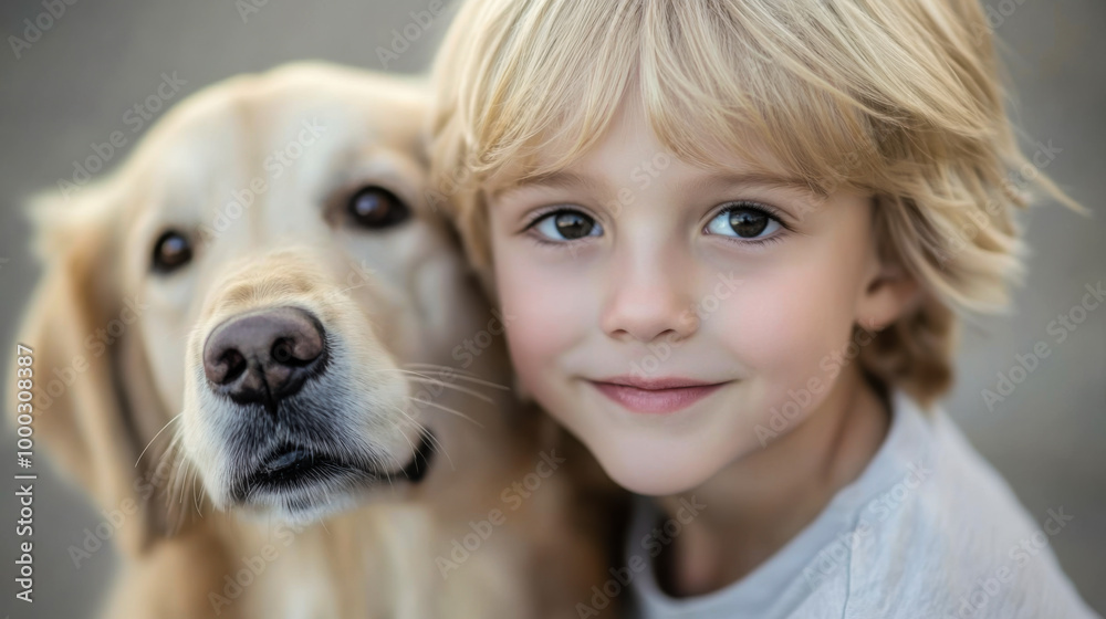 A young child smiles while cuddling a golden retriever in a warm outdoor setting during the afternoon A young child smiles while cuddling a golden retriever in a warm outdoor setting during the afternoon