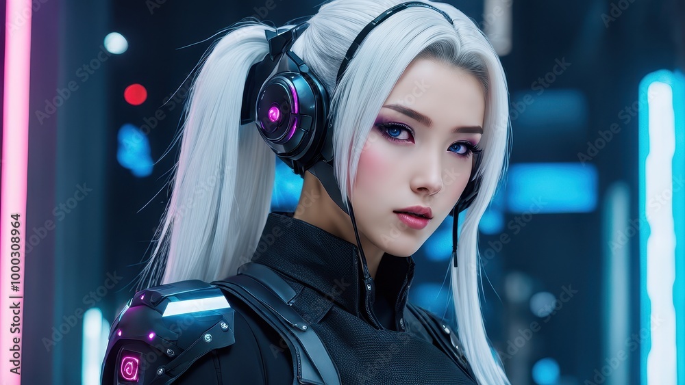 A futuristic character with headphones and sleek attire, set in a neon-lit environment. A futuristic character with headphones and sleek attire, set in a neon-lit environment.