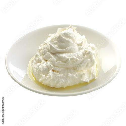 Close-up of fresh, creamy greek yogurt served on a white plate, isolated on a transparent background, perfect for food-related projects