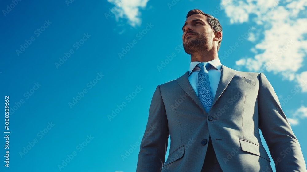 Businessman in Suit Standing Against Blue Sky Businessman in Suit Standing Against Blue Sky