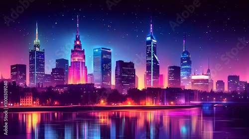 Amazing nighttime cityscape of warszawa, the capital city of poland. Neon Skyline. Illustration