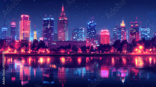 Amazing nighttime cityscape of warszawa, the capital city of poland. Neon Skyline. Illustration