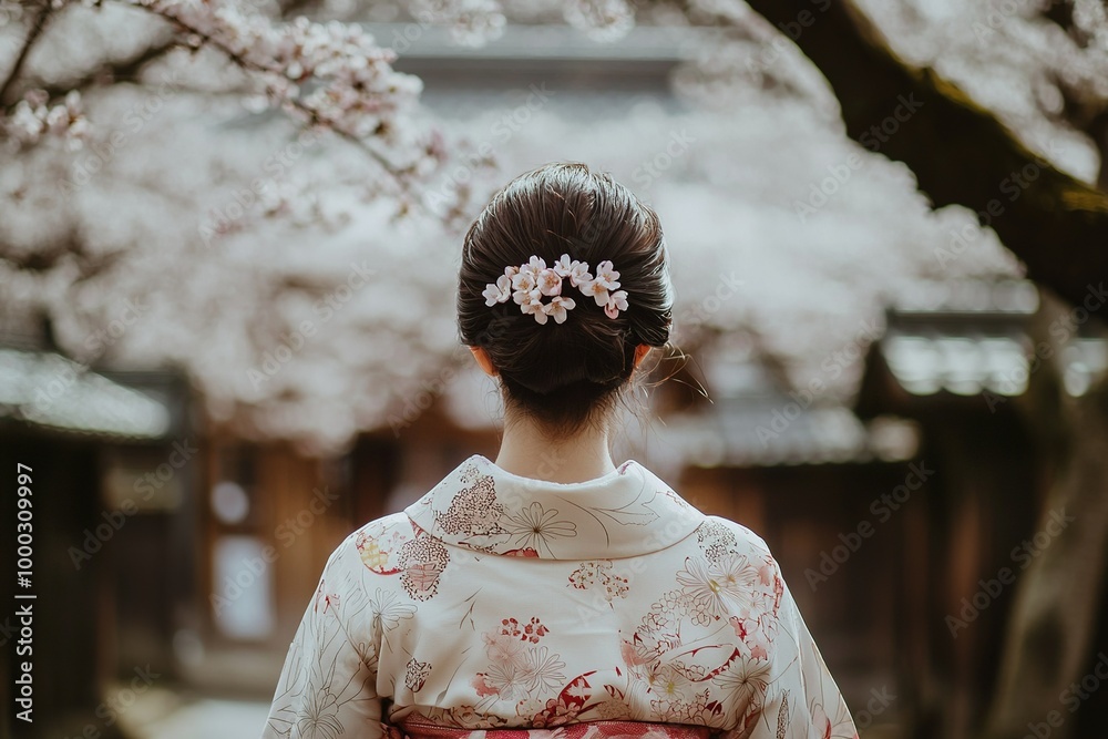 A Japanese woman in a kimono walks through Kyoto during cherry blossom... A Japanese woman in a kimono walks through Kyoto during cherry blossom...