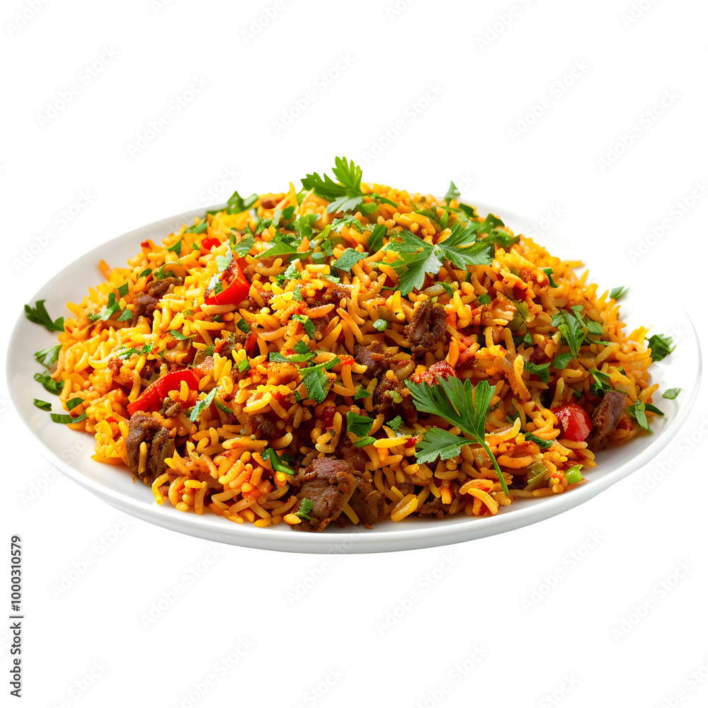 Delicious spicy rice meal topped with herbs, with colorful veggies and juicy meat, presented on a clean white plate Delicious spicy rice meal topped with herbs, with colorful veggies and juicy meat, presented on a clean white plate