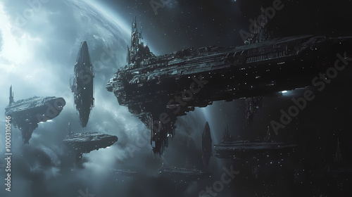 Fototapeta Naklejka Na Ścianę i Meble -  An epic space battle between a lone spaceship and an armada of aliens. Starship Fleet. Illustration