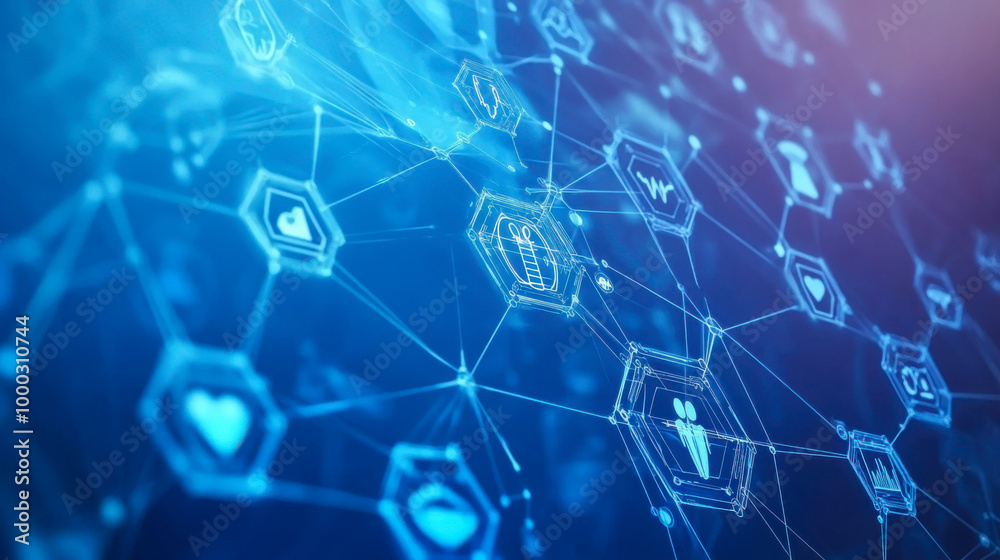 Abstract digital network graphic showing interconnected health and technology icons with blue background Abstract digital network graphic showing interconnected health and technology icons with blue background