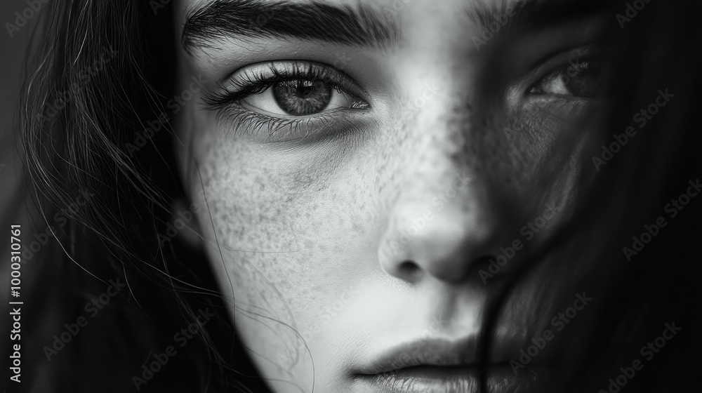 Close-up Black and White Portrait of a Woman with Freckles and Long Hair Close-up Black and White Portrait of a Woman with Freckles and Long Hair
