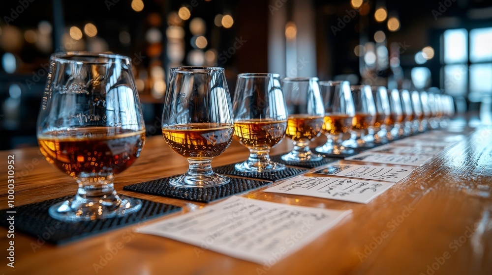 A whiskey tasting setup with several small glasses, each filled with different varieties of whiskey, and tasting notes laid out on the table A whiskey tasting setup with several small glasses, each filled with different varieties of whiskey, and tasting notes laid out on the table