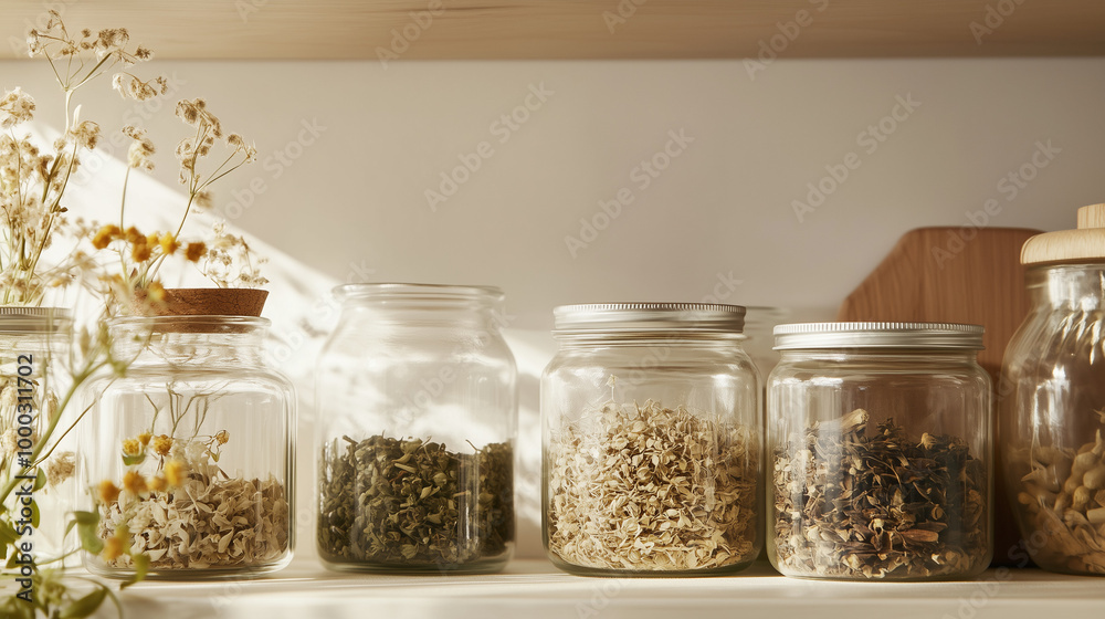 Jars of Dried Herbs and Flowers on Wooden Shelf in Sunlight, Natural Apothecary
Jars of Dried Herbs and Flowers on Wooden Shelf in Sunlight, Natural Apothecary