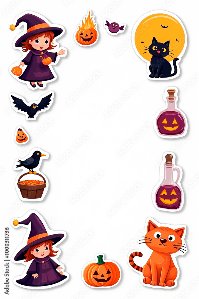 Naklejka premium Halloween sticker sheet for preschoolers with big shapes and whimsical elements like witch, cat, raven, elixir on a white background, empty space for text