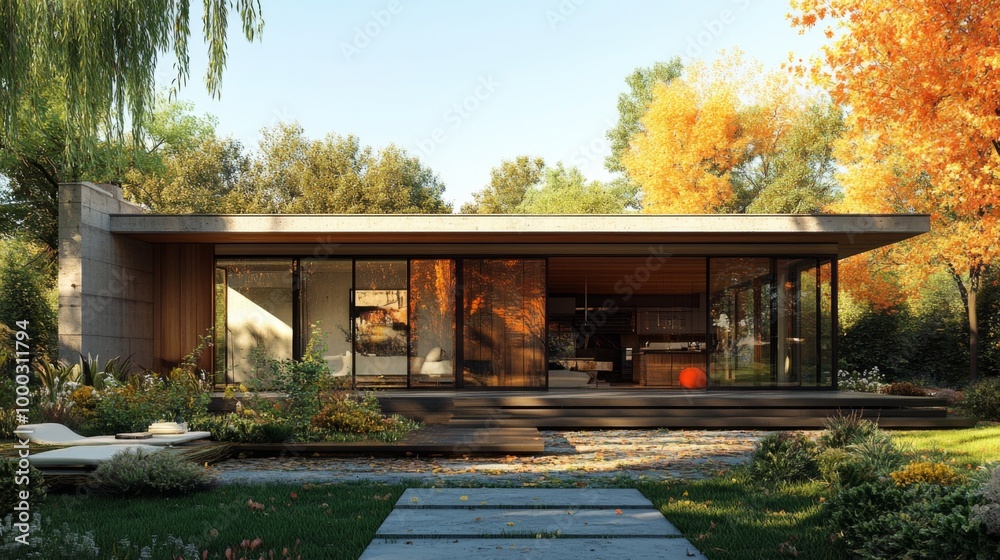 Modern Glass House in Autumnal Garden Modern Glass House in Autumnal Garden