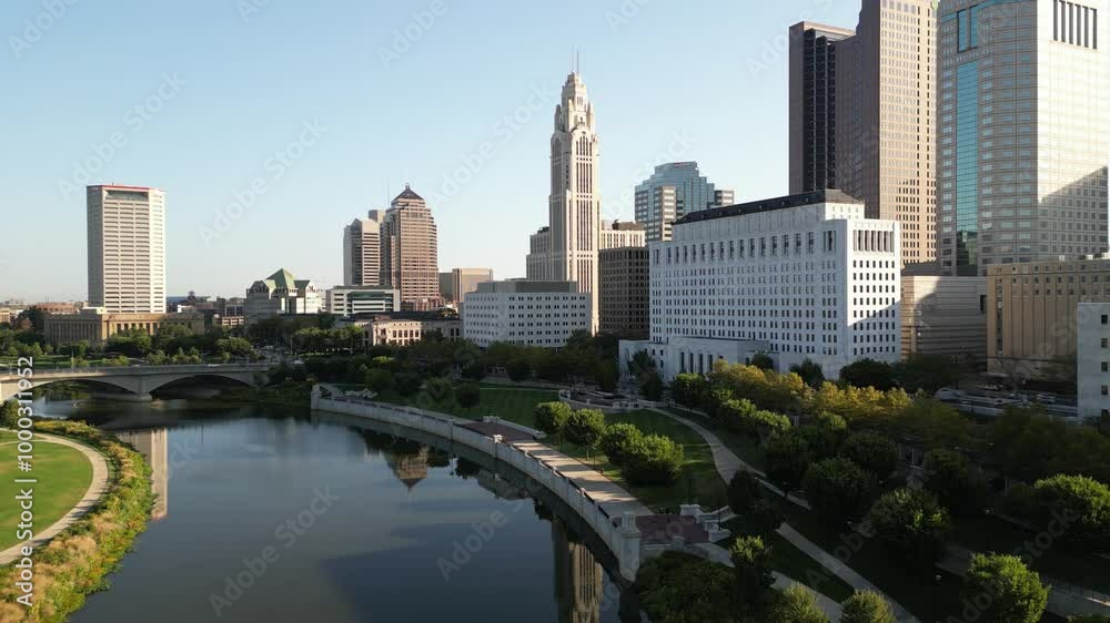 2024 4K downtown columbus city skyline on a sunny cinematic morning with the leveque tower lowering to the left 2024 4K downtown columbus city skyline on a sunny cinematic morning with the leveque tower lowering to the left