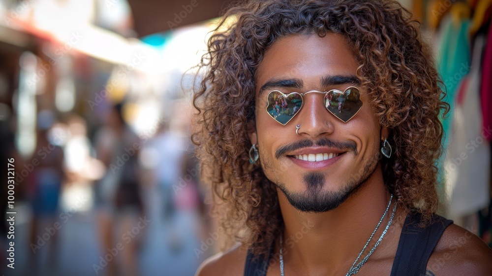 Man Wearing Heart-Shaped Sunglasses Smiling in a Busy Street Man Wearing Heart-Shaped Sunglasses Smiling in a Busy Street