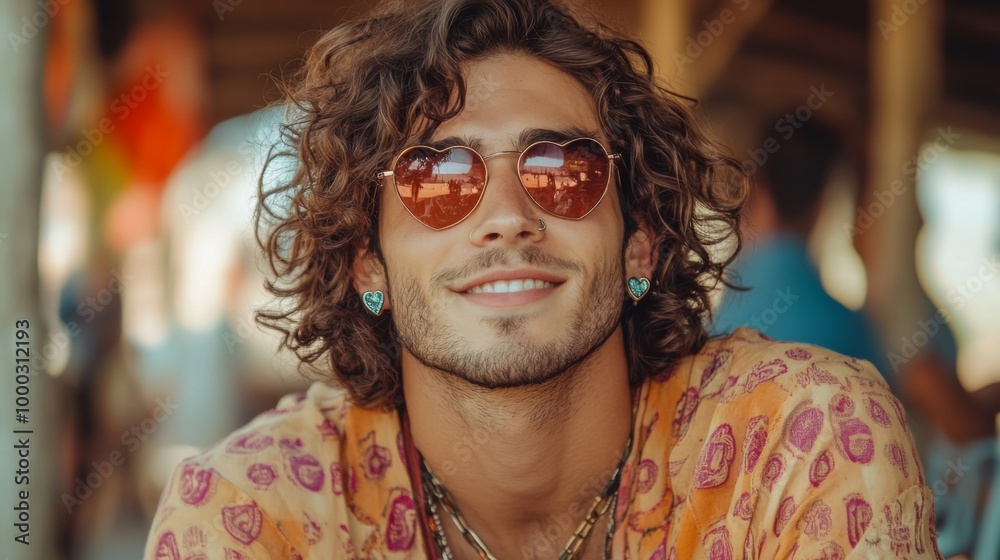 Smiling Man Wearing Heart-Shaped Sunglasses Smiling Man Wearing Heart-Shaped Sunglasses
