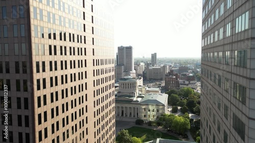 4k drone footage moving toward ohio statehouse in columbus ohio on a morning with cinematic lighting 2024