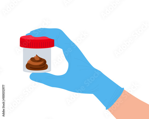 Medical sample in tube. Human hand wearing medical blue glove holding Jar for feces. Stool analysis. Laboratory container with excrement. Healthcare, medical diagnostic Flat Vector illustration.
