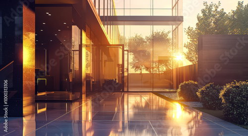 Large glass building with a large glass door. The sun is setting and the light is reflecting off the glass
